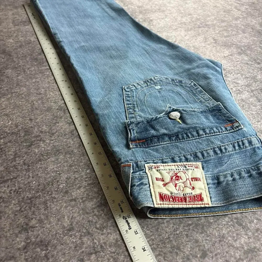 Vintage Y2K True Religion Billy Men’s Jeans World Tour Distressed Raw Hem Denim